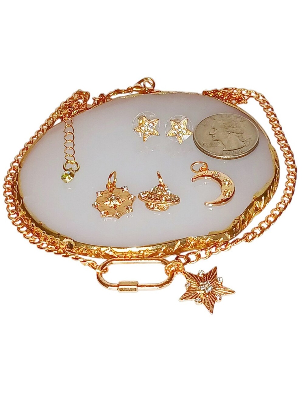 Gold Caribiner Pendant Necklace Star Stud Earrings Mod 60s Astro Core Y2k Core - Picture 9 of 16